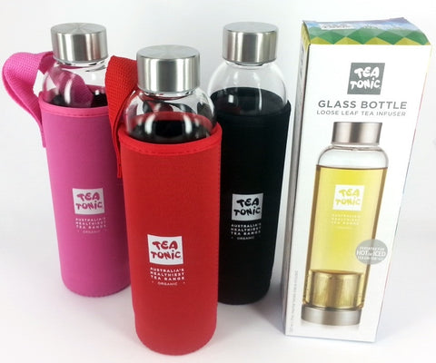 Glass Drink Tea Bottle with Tea Infuser Basket and Thermal Sleeve RED - 550ml